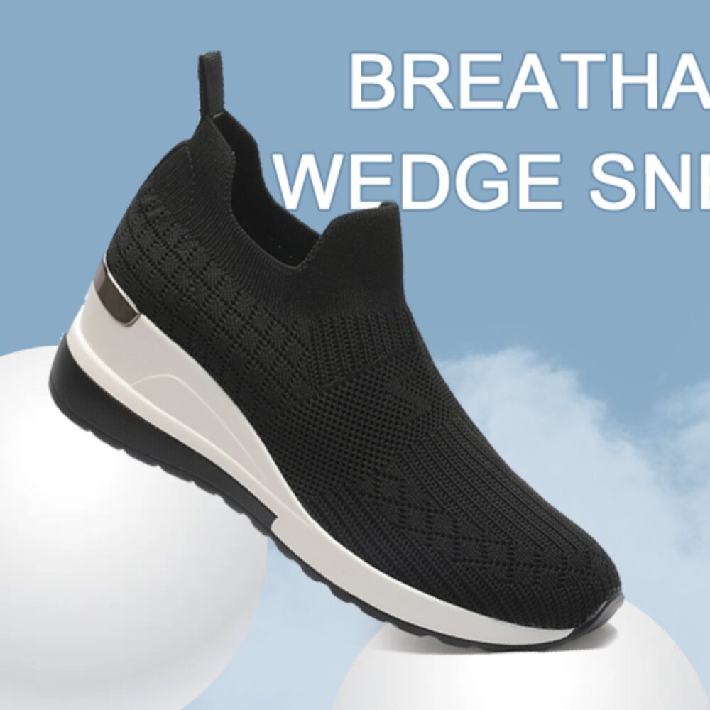 High Heel Black Wedge Sneakers Knit Upper Breathable Shoes. Wore once.